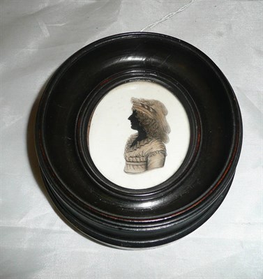 Lot 147 - A framed silhouette miniature painted on ivory, Mrs Charlotte Sayer, ex Christie collection 1943
