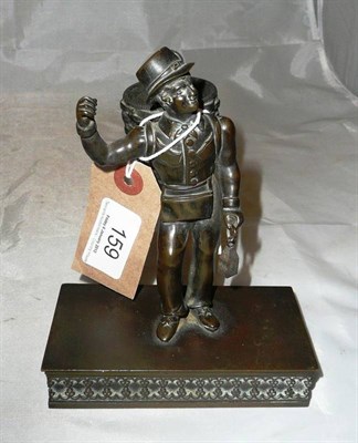 Lot 159 - A Continental bronze match striker/holder as a lamp lighter with pannier on his back, 15cm high