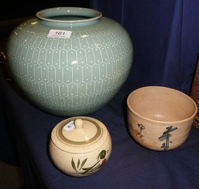 Lot 161 - Large Oriental porcelain 'clair-de-lune' jar with wood stand, celadon jar, buff pottery tea...