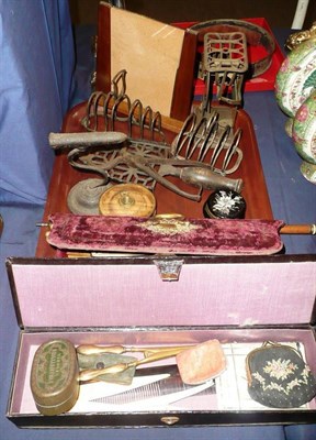 Lot 166 - Tray of metalwares, toast rack, glove stretchers, fan, mother of pearl card case etc *