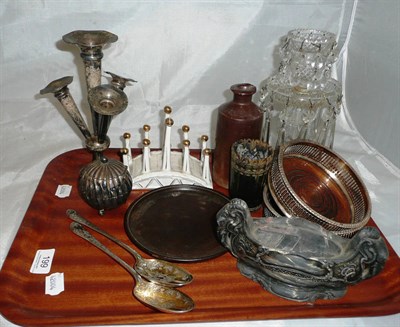 Lot 199 - Tray including a pair of silver gilt table spoons, silver inkstand, bottle coasters etc *