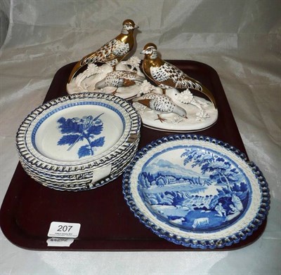 Lot 207 - A pair of Crown Staffordshire models of Golden Pheasants, a set of Pearlware plates with...