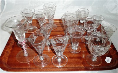 Lot 209 - Tray of mostly 19th century engraved drinking glasses including a coloured twist trumpet shaped...