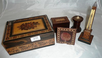 Lot 210 - Tunbridgeware parquetry hinged box, Tunbridgeware thermometer, money box, pocket watch stand...