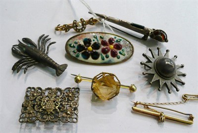 Lot 243 - A seed pearl brooch, two brooches, a Scottish hardstone dirk brooch, other brooches etc