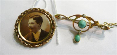 Lot 246 - An Art Nouveau turquoise and seed pearl brooch and a picture locket brooch