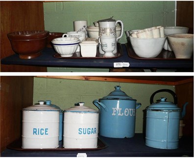 Lot 270 - Two shelves of Victorian jelly moulds, mixing bowls and enamel kitchen jars *