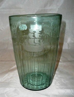 Lot 278 - A green tinted glass vase engraved with ships