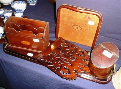 Lot 294 - Edwardian mahogany twin handled tray, letter rack, crumb tray, rosewood easel stand etc *