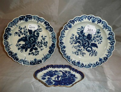 Lot 301 - Two first period Worcester blue and white fluted plates and a Worcester spoon tray *