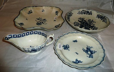 Lot 308 - An 18th century Worcester blue and white scalloped edge bowl, smaller plate, drainer and an...