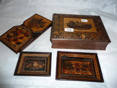 Lot 309 - A Tunbridgeware parquetry hinged box (locked), two Tunbridgeware rectangular dishes and a...