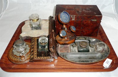 Lot 321 - Tray including a Georgian mahogany tea caddy, ink stand dish, treen sewing stand, cribbage...