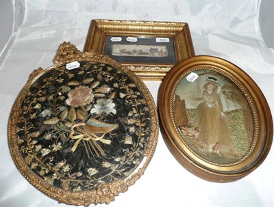 Lot 322 - Gilt framed stevenograph, coaching scene and two late Georgian oval needlework pictures *