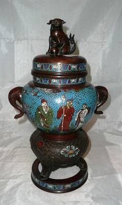 Lot 323 - A Chinese bronze and cloisonné enamel tripod censer