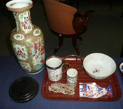 Lot 327 - Tray including Japanese Imari wall pocket, small Canton brush pot, Chinese export mug...