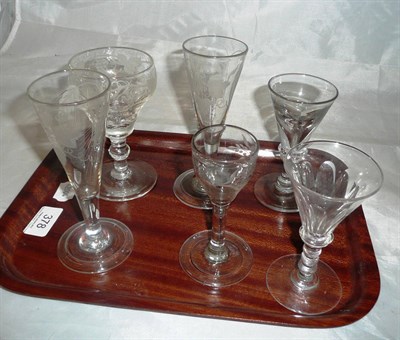 Lot 378 - A pair of 18th Century Ale glasses with trumpet bowls, a cordial glass, two wine glasses with short