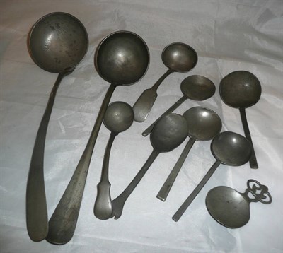 Lot 380 - Two pewter ladles, seven pewter spoons including a trefid example and a caddy spoon *