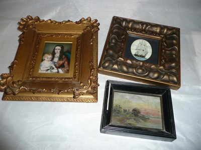 Lot 386 - 19th century framed portrait miniature, miniature landscape oil on panel and a miniature of a ship