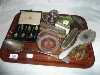 Lot 388 - Tray of silver dressing table pieces, pocket watch and teaspoons *