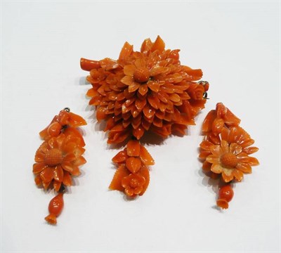 Lot 391 - A pair of Victorian coral earrings (a.f.) and a coral brooch  #