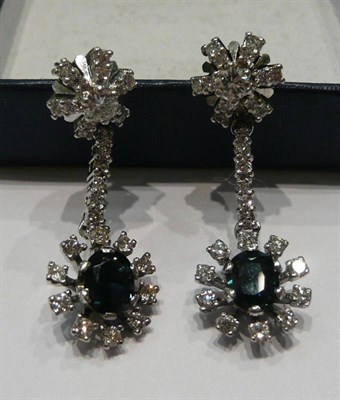 Lot 441 - A pair of sapphire and diamond drop earrings