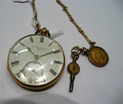 Lot 443 - A 18ct gold open faced pocket watch, watch chain each link stamped '625 15' and a half...