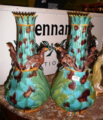 Lot 459 - Pair of Majolica bird handled vases (a.f.)