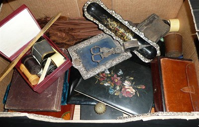 Lot 466 - Box including photograph frames, ink blotter, parasol, drawing instruments, penknives,...