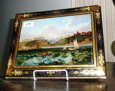 Lot 476 - A 19th century blotter, the front with reverse printed glass depicting a coastal scene