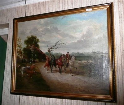 Lot 478 - Oil painting - figure on horseback with other horses, a railway beyond