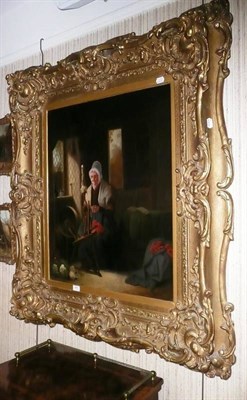 Lot 483 - Oil on canvas of a spinning wheel and lady