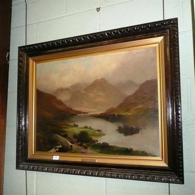 Lot 486 - Follower of Horatio McCulloch, Scottish loch with highland cattle, bearing the artist's name on...