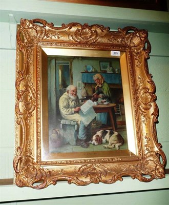 Lot 495 - C...Bromley (19th century), Interior scene with an elderly couple, inscribed on the original frame