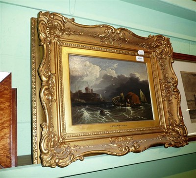 Lot 497 - Follower of Clarkson Stanfield (19th century), Stormy coastal scene, inscribed on the original...