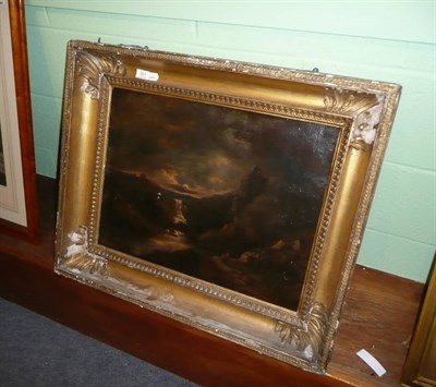 Lot 501 - An early 19th century gilt framed oil on board, river landscape with figures and buildings in...