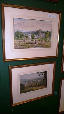 Lot 543 - M... S..., Figures amongst corn stooks above a village with church, initialled and dated 1876,...