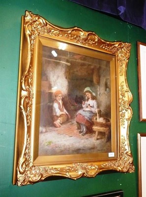 Lot 545 - Oil on canvas, interior scene of two children by a fireplace By Mark W Langlois