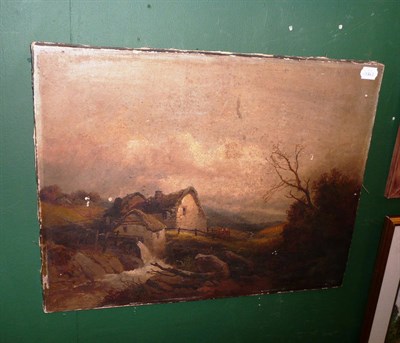 Lot 549 - English School (19th century), Thatched cottage with watermill beneath a cloudy sky, oil on canvas