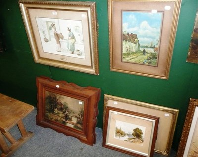 Lot 556 - Pair of oak framed colour prints, gilt framed print, another entitled 'Gossip' and two watercolours