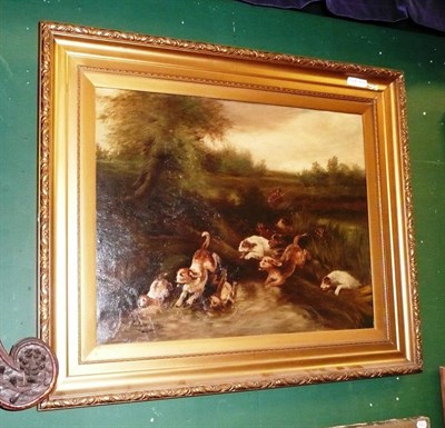 Lot 558 - L...Liversedge (early 20th century), Otterhounds and other dogs hunting in a river, signed, oil...