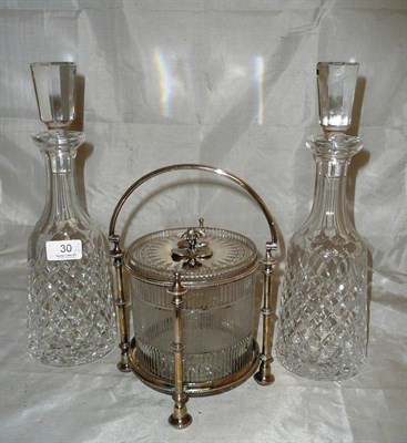 Lot 30 - Silver plated biscuit barrel and two decanters