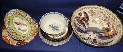 Lot 35 - Two ornithological cabinet plates, an early 19th century pearlware bowl, a pair of clobbered...