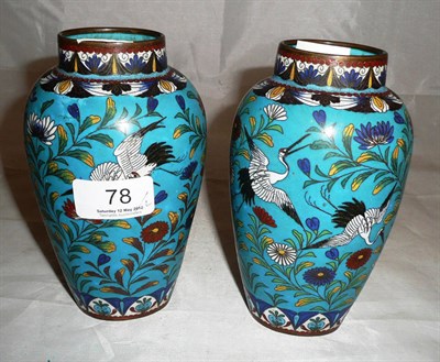 Lot 78 - Pair of turquoise coloured cloisonné vases decorated with birds