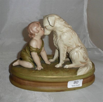 Lot 80 - Royal Dux pottery group of a child and dog
