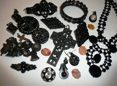 Lot 88 - A jet bracelet, jet earrings, a bog oak cross pendant, French jet jewellery etc