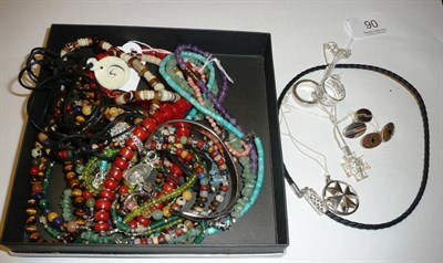 Lot 90 - Assorted silver and costume jewellery and bead necklaces including tiger's eye, agate etc and a...