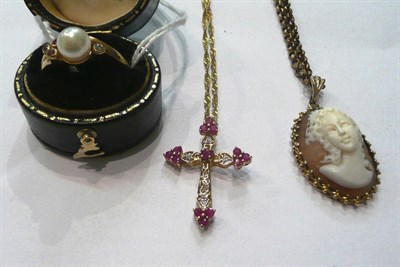 Lot 113 - A cultured pearl, ruby and diamond ring, a diamond and ruby set cross on 9ct gold chain and a cameo