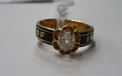 Lot 120 - An 18ct gold mourning ring, an old cut diamond in a yellow claw scalloped setting, on a band...