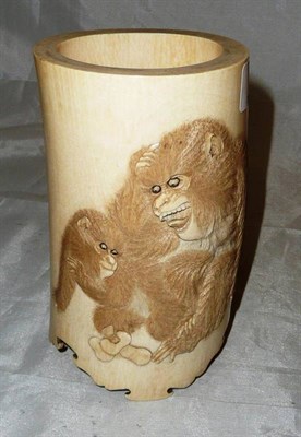 Lot 146 - 19th century Japanese ivory vase, decorated with monkeys, signed